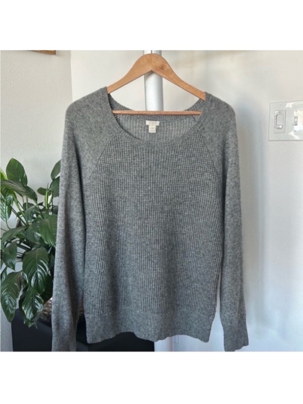 J. Crew Wool Blend Waffle Knit Pullover Sweater Sz L Gray Crew
